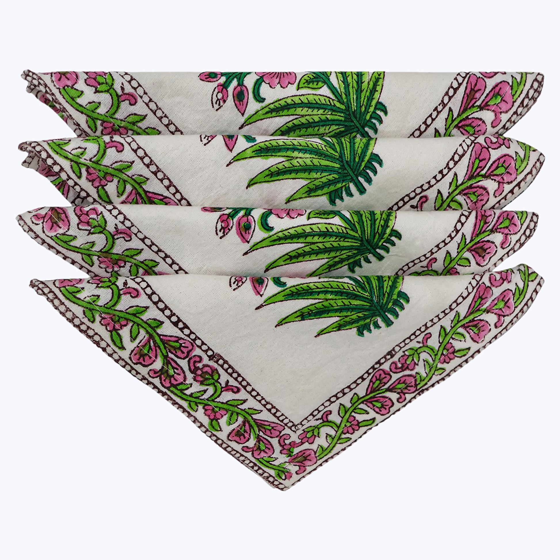 Pink and White Handmade Block Printed Cotton Napkins Set Of 4 - My Store