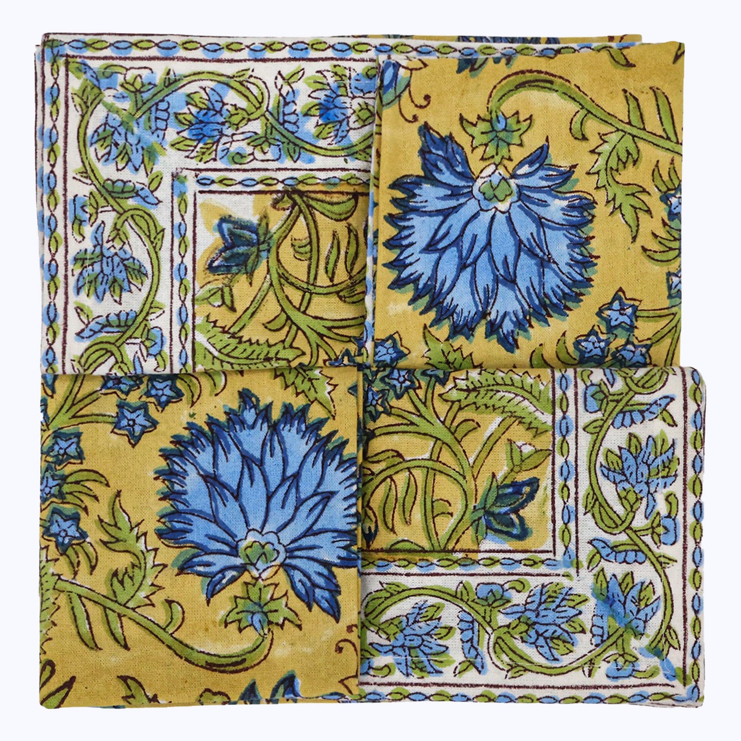 Yellow and Blue Hand Block Printed Cotton Napkins - My Store