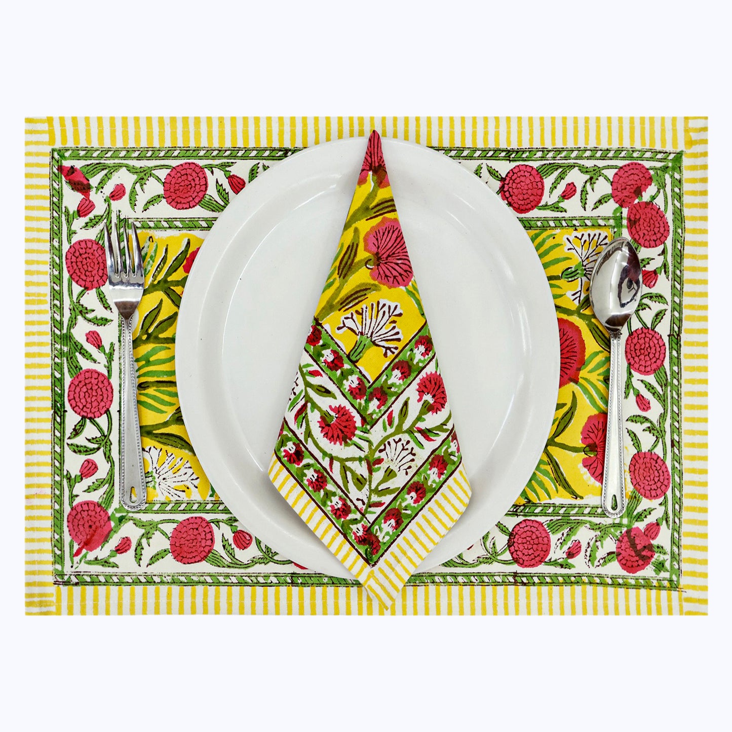 Yellow & Red Hand Block Printed Cotton Napkins Set Of 4 - My Store