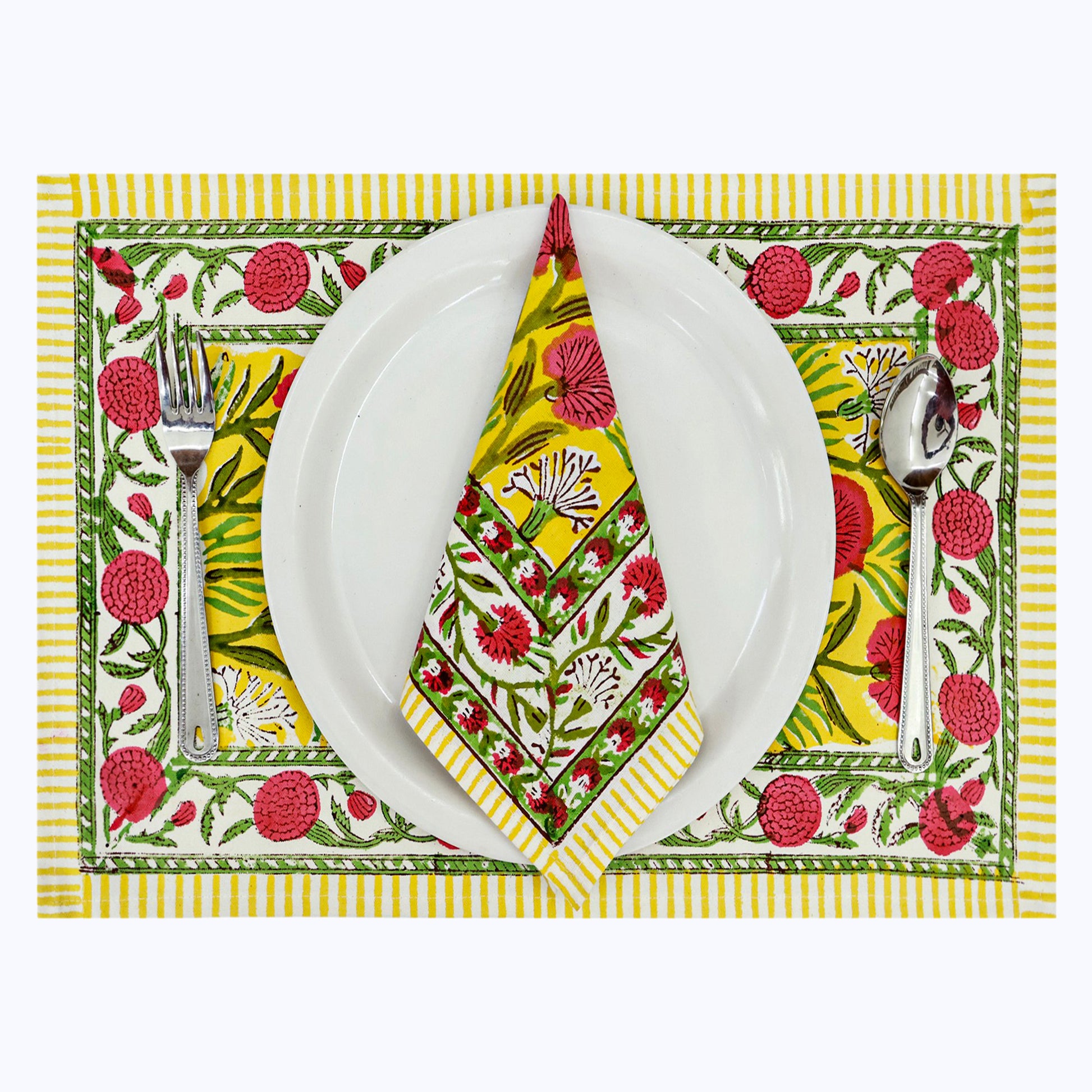 Yellow & Red Hand Block Printed Cotton Napkins Set Of 4 - My Store