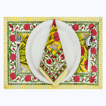 Yellow & Red Hand Block Printed Cotton Napkins Set Of 4 - My Store