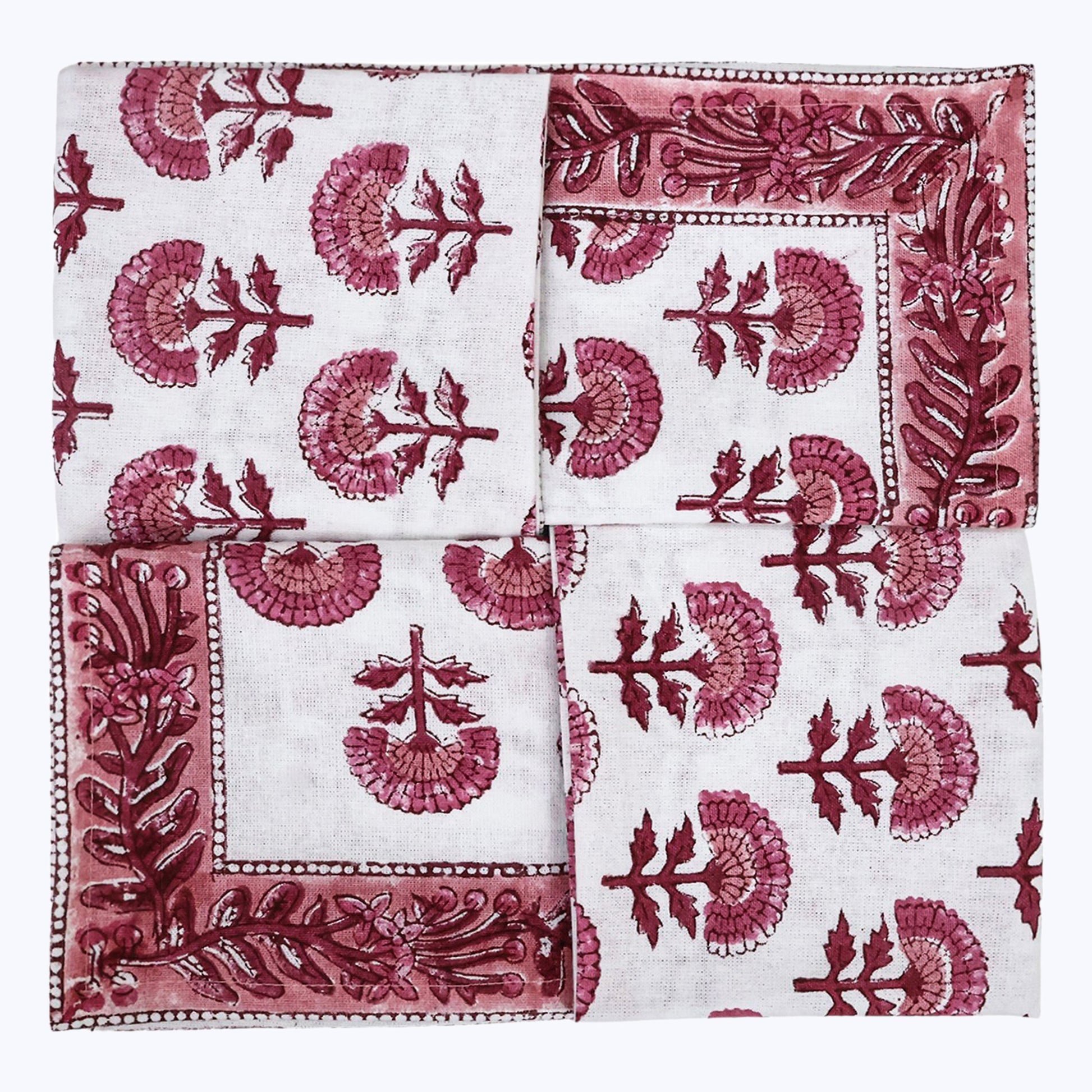 Pink and White Hand Block Printed Cotton Napkins Set Of 4 - My Store