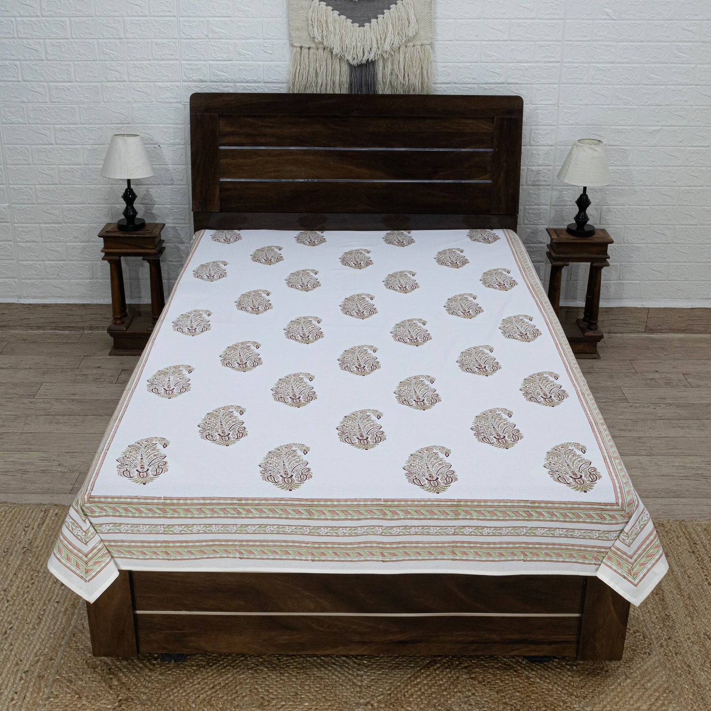 Cotton Bedsheet – Hand Block Floral Print – White & Green – King, Queen, Twin Sizes - My Store