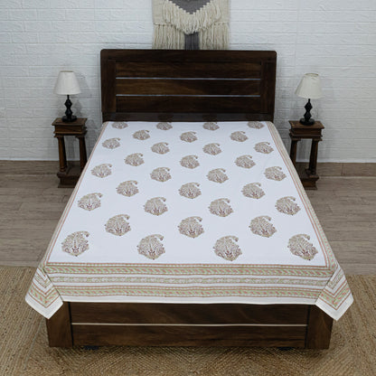 Cotton Bedsheet – Hand Block Floral Print – White & Green – King, Queen, Twin Sizes - My Store