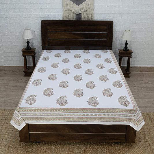 Cotton Bedsheet – Hand Block Floral Print – White & Green – King, Queen, Twin Sizes - My Store