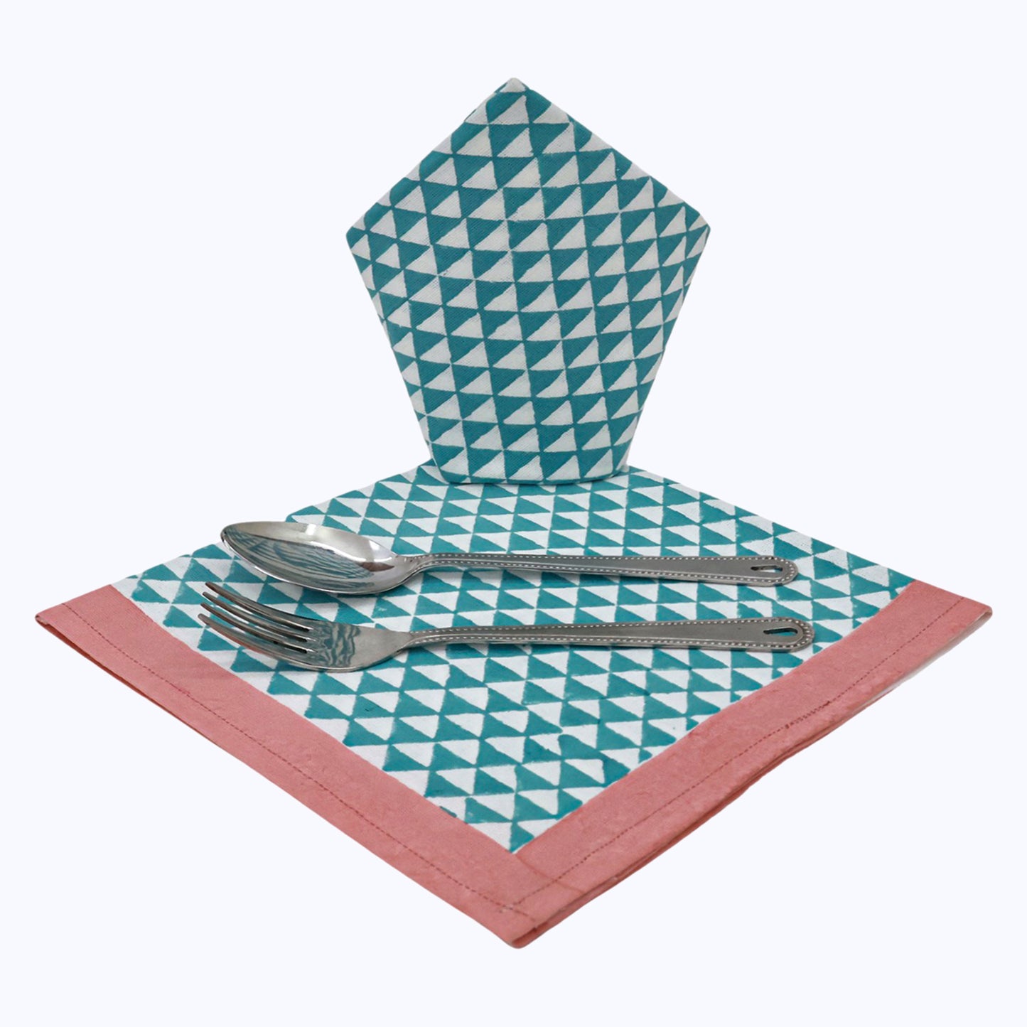 Green and Pink Block Printed Cotton Napkins Set Of 4 - My Store