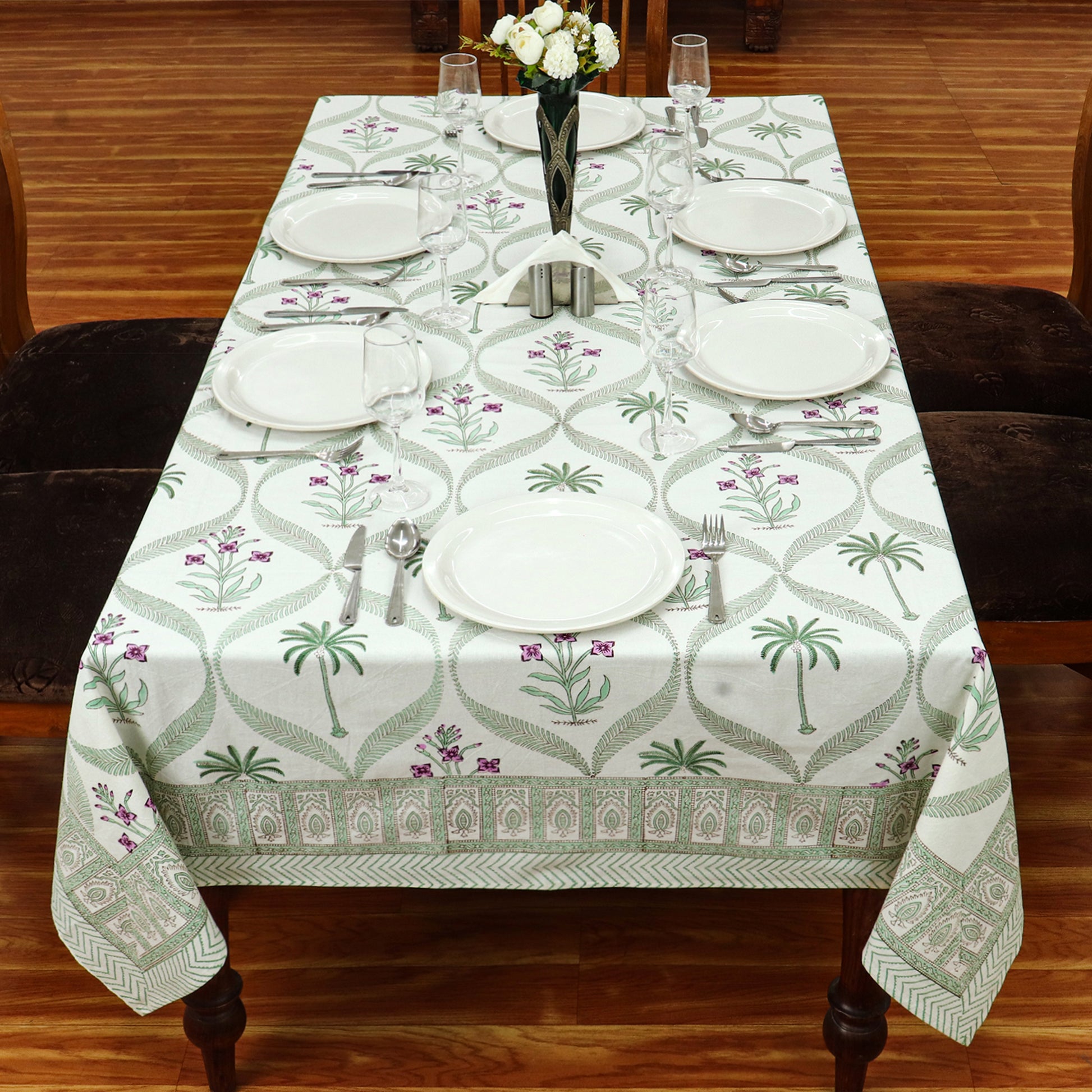 Green and Yellow Floral Table Cloth, Block Print Table Cover - My Store