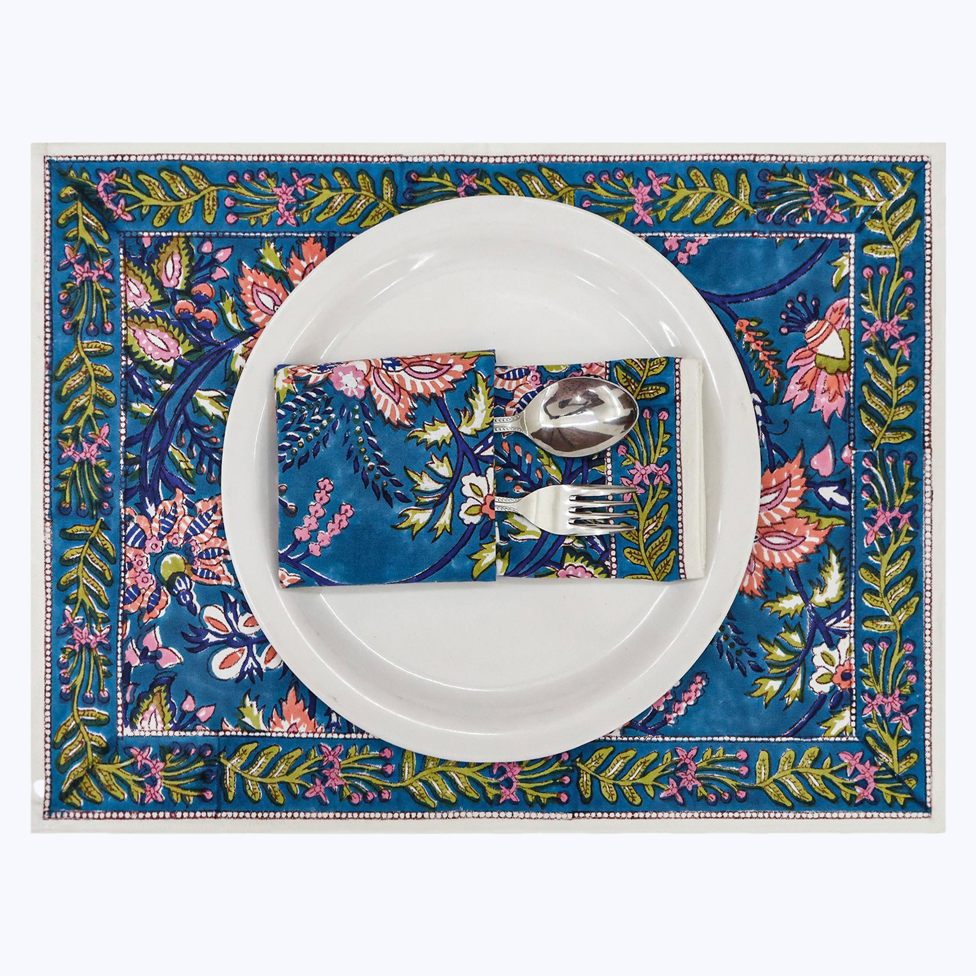 Blue and Pink Handmade Block Printed Cotton Napkins Set Of 4 - My Store