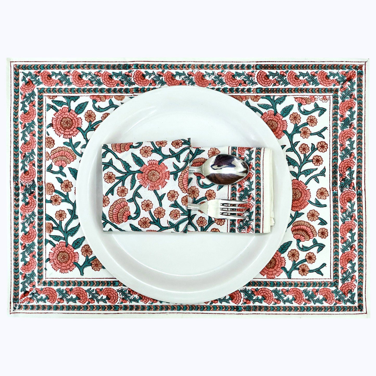 Pink and Green Handmade Block Printed Cotton Napkins Set Of 4 - My Store