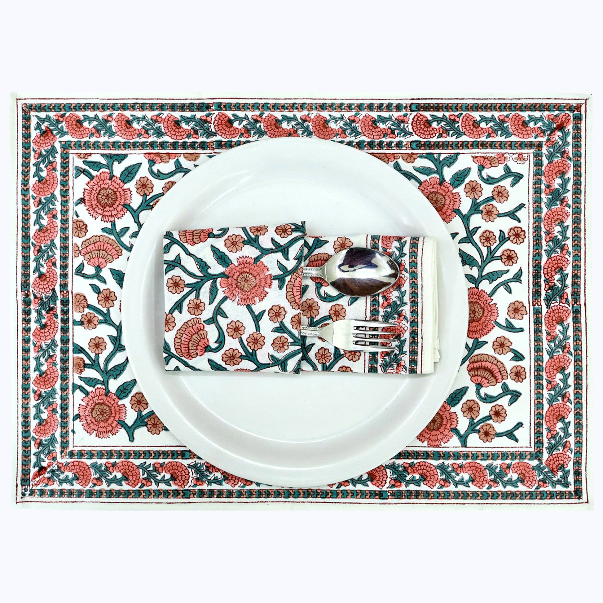 Pink and Green Handmade Block Printed Cotton Napkins Set Of 4 - My Store