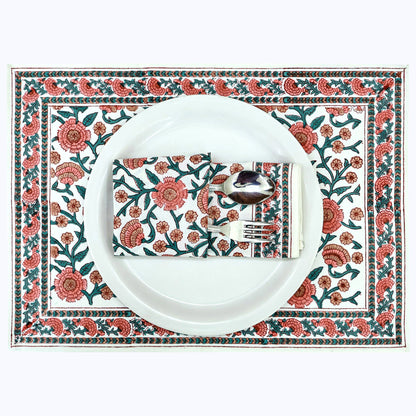 Pink and Green Handmade Block Printed Cotton Napkins Set Of 4 - My Store