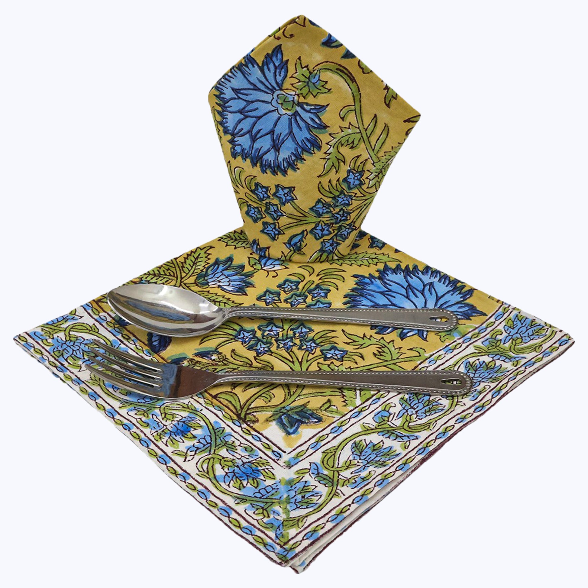 Yellow and Blue Hand Block Printed Cotton Napkins - My Store