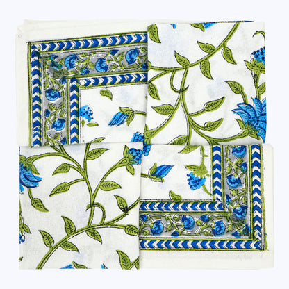 White and Green Hand Block Print Napkins Set Of 4 - My Store