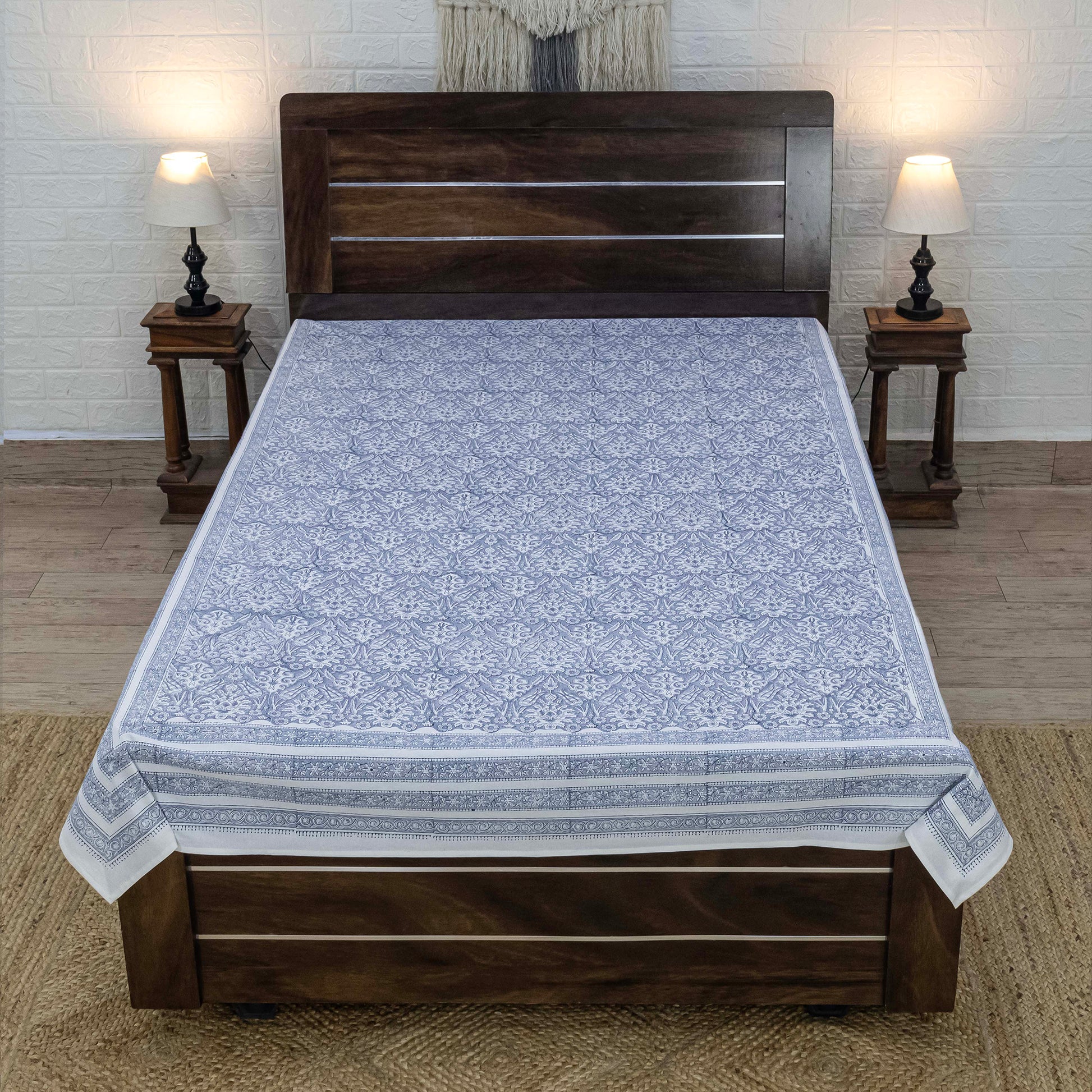 Cotton Bedsheet – Hand Block Floral Print – Blue & White – King, Queen, Twin Sizes - My Store