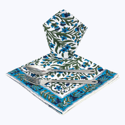 Blue and Green Hand Block Printed 4 Pieces Cotton Napkins - My Store