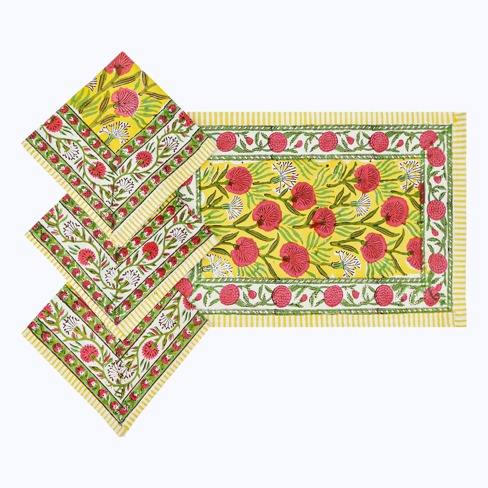 Yellow & Red Hand Block Printed Cotton Napkins Set Of 4 - My Store