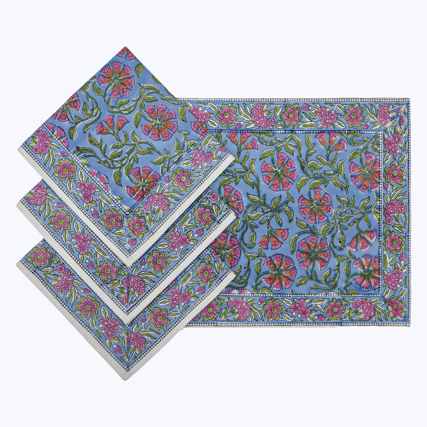 Pink With Green Handmade Block Printed Cotton Napkins Set Of 4 - My Store