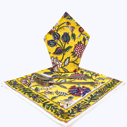 Yellow With Green Hand Block Printed Cotton Napkins Set Of 4 - My Store