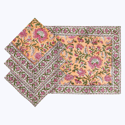Orange and Pink Hand Block Printed Cotton Napkins Set Of 4 - My Store