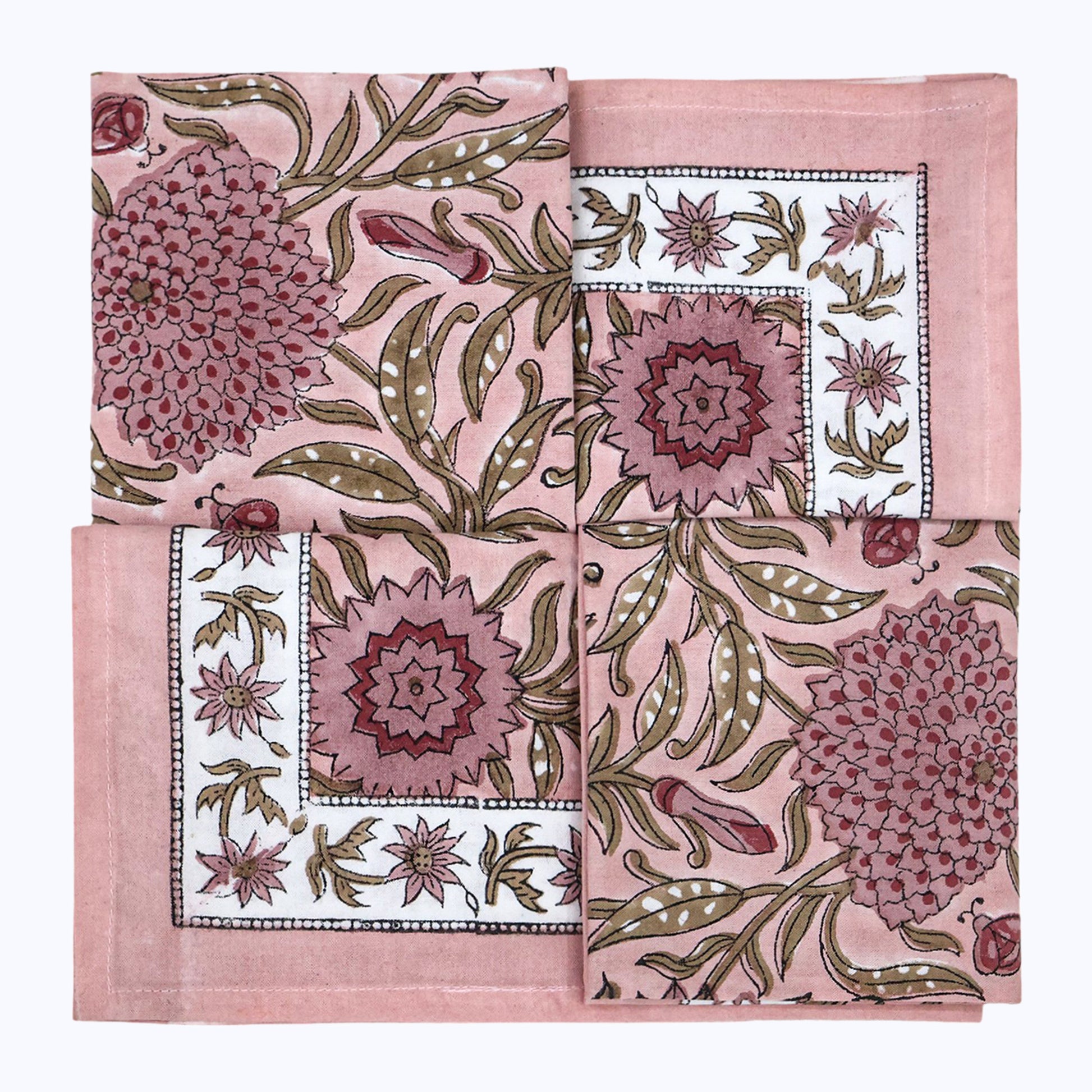 Pink Handmade Block Printed Cotton Napkins Set Of 4 Pieces - My Store