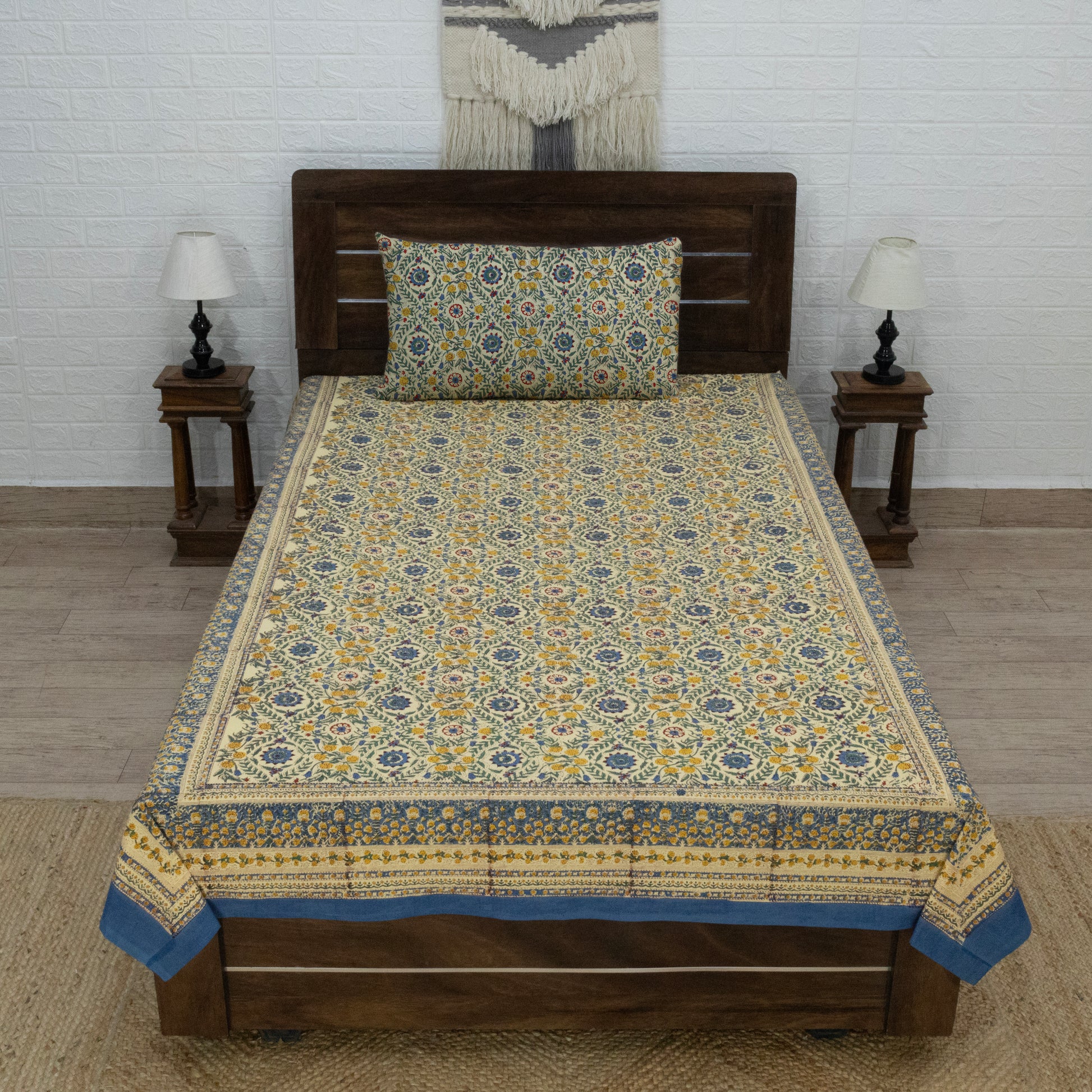 Cotton Bedsheet – Hand Block Floral Print – Yellow & Blue – King, Queen, Twin Sizes - My Store