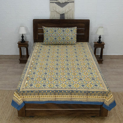 Cotton Bedsheet – Hand Block Floral Print – Yellow & Blue – King, Queen, Twin Sizes - My Store