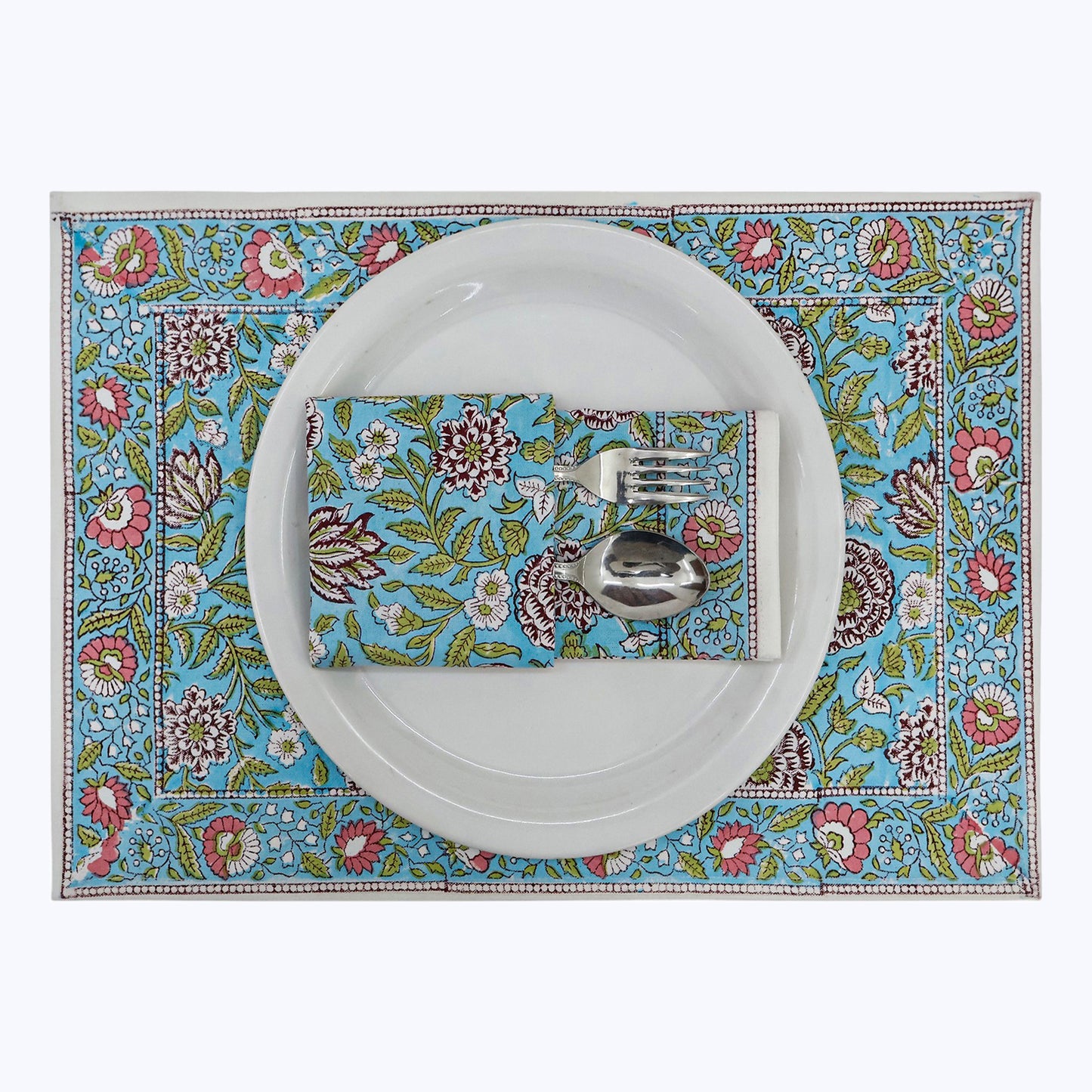 Green With Red Handmade Block Printed Cotton Napkins Set Of 4 - My Store