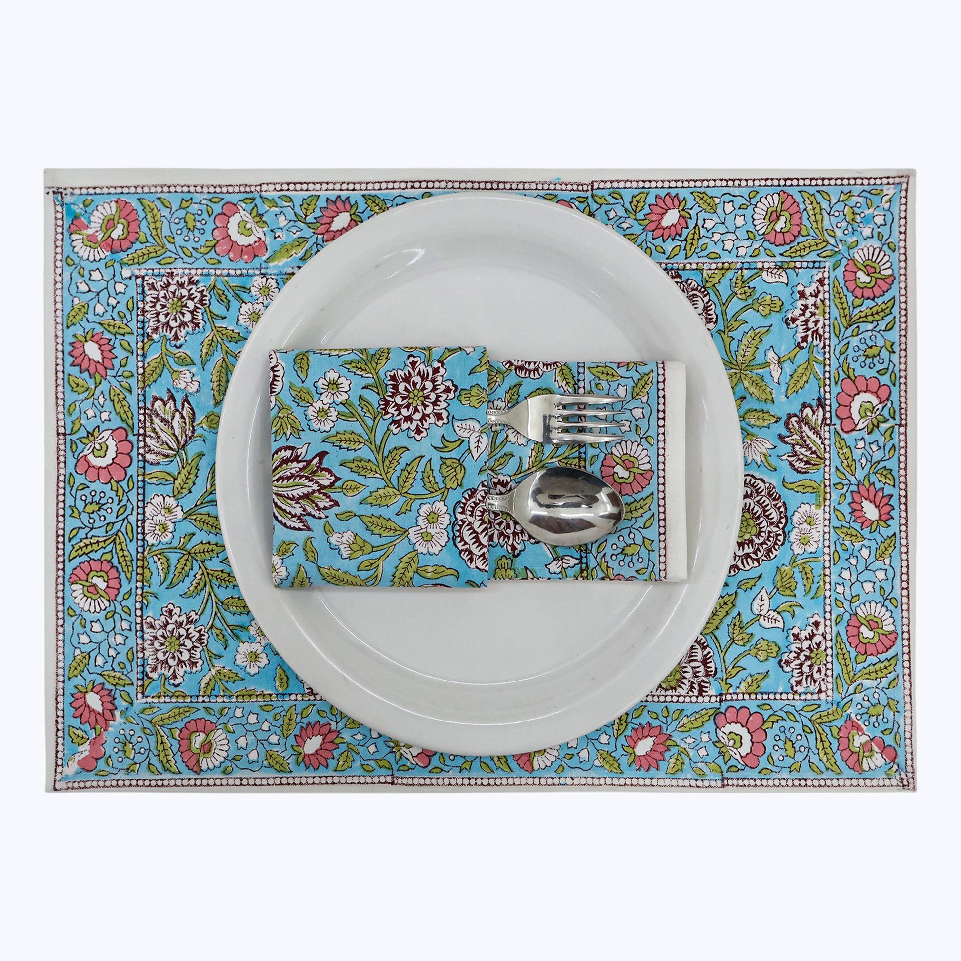 Green With Red Handmade Block Printed Cotton Napkins Set Of 4 - My Store