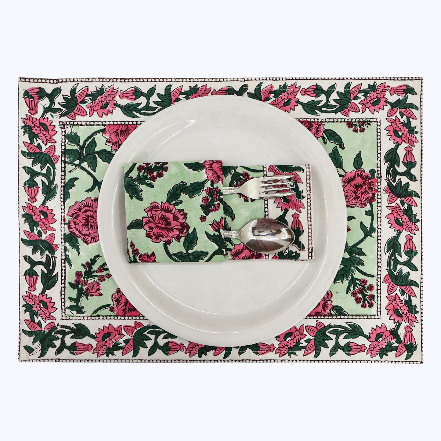 Pink and Green Hand Block Printed Cotton Napkins Set OF 4 - My Store