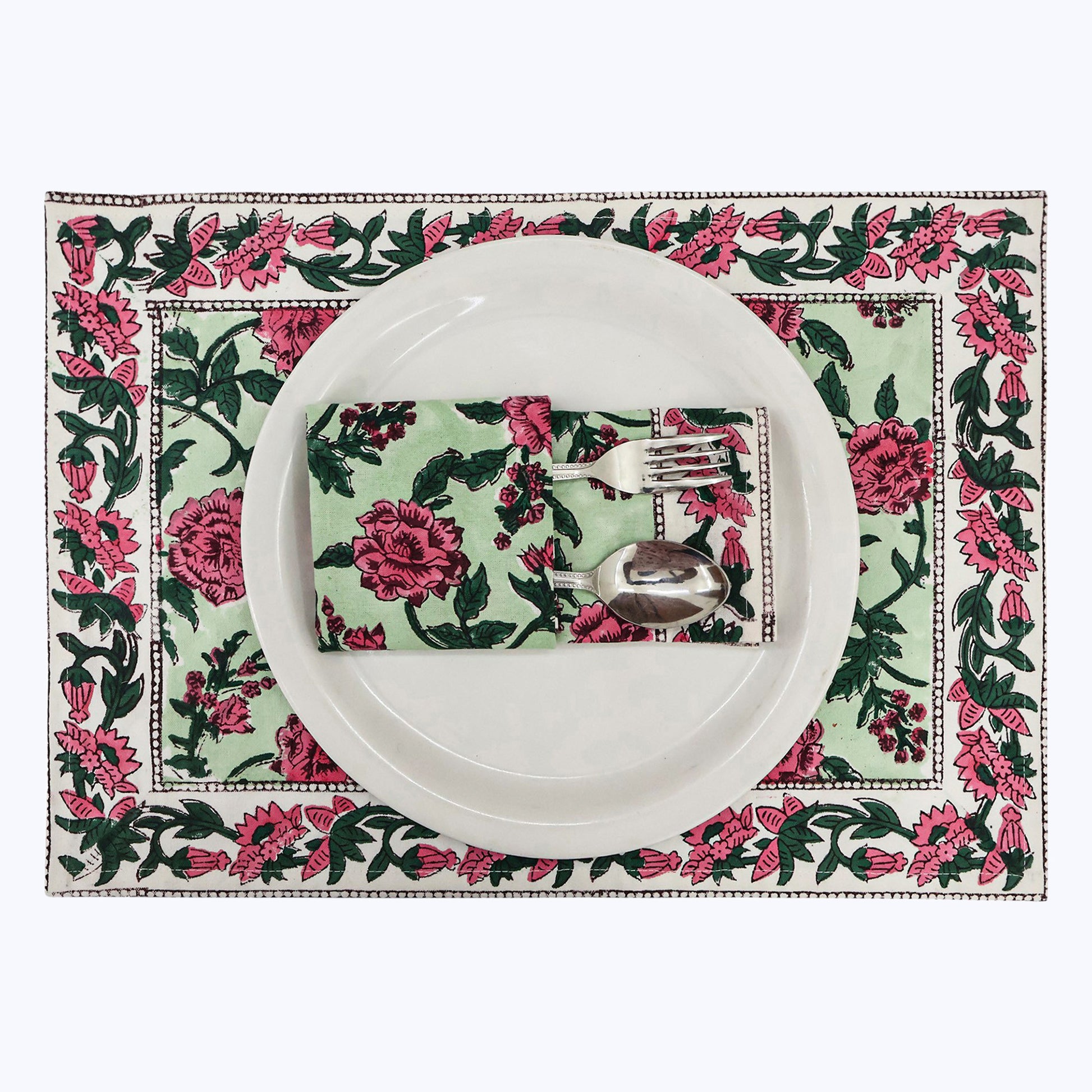 Pink and Green Hand Block Printed Cotton Napkins Set OF 4 - My Store