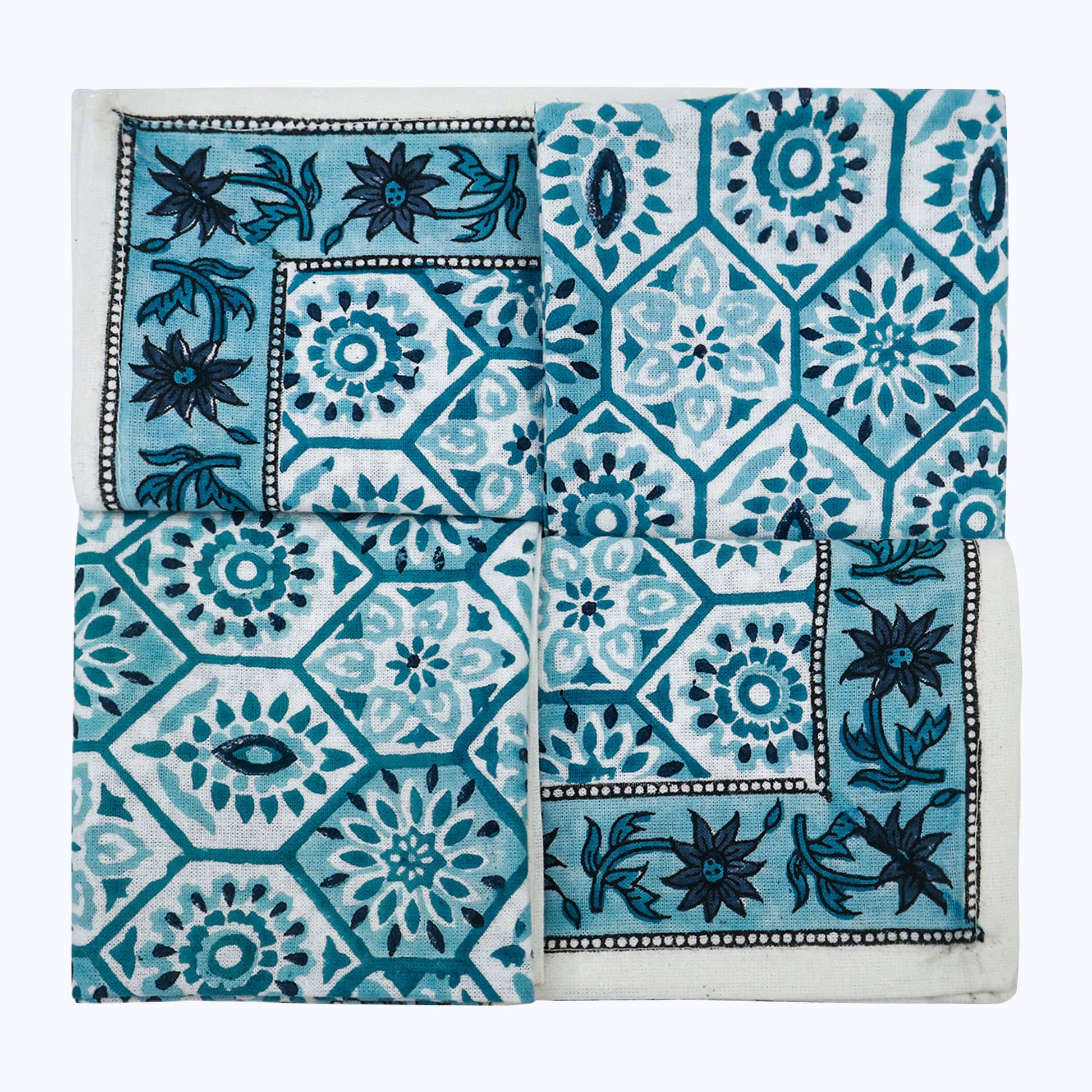 Blue and White Hand Block Printed Cotton Napkin Set Of 4 - My Store
