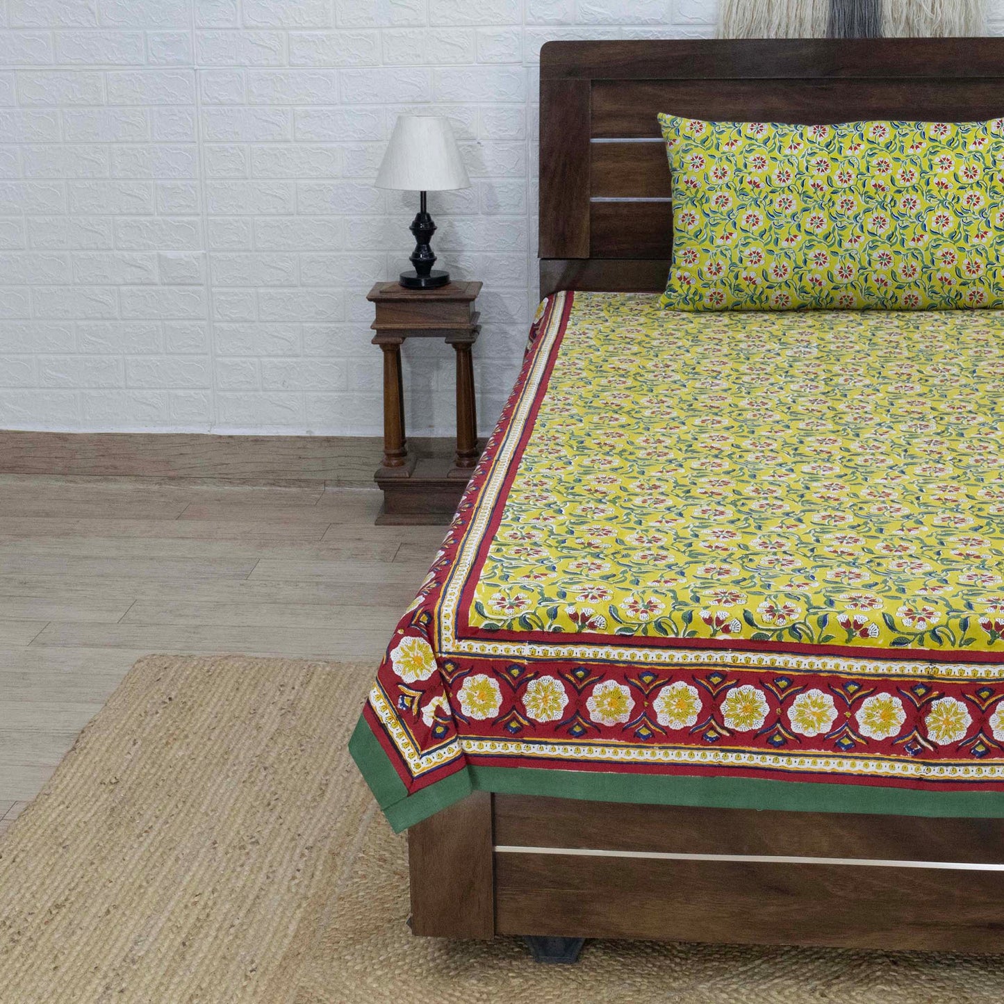 Cotton Bedsheet – Hand Block Floral Print – Yellow & Green – King, Queen, Twin Sizes - My Store