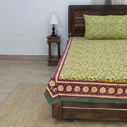 Cotton Bedsheet – Hand Block Floral Print – Yellow & Green – King, Queen, Twin Sizes - My Store