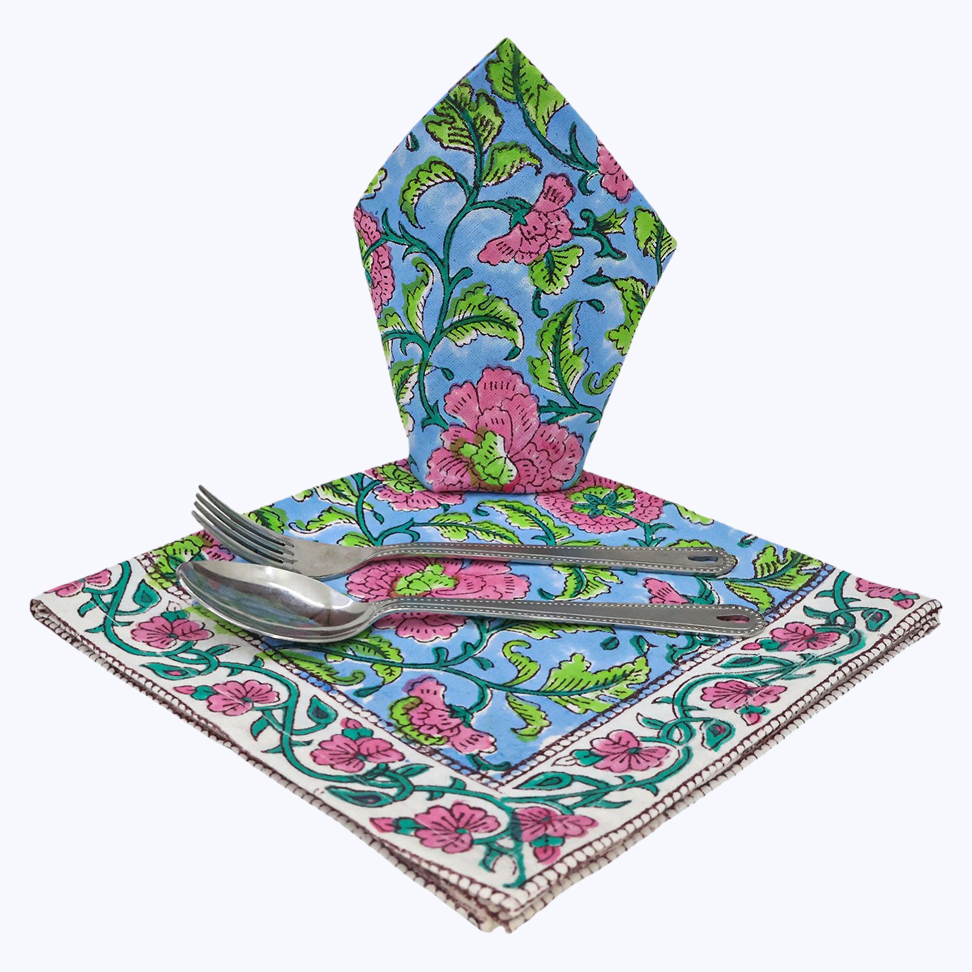 Pink and Green Hand Block Printed Cotton Napkins Set Of 4 - My Store