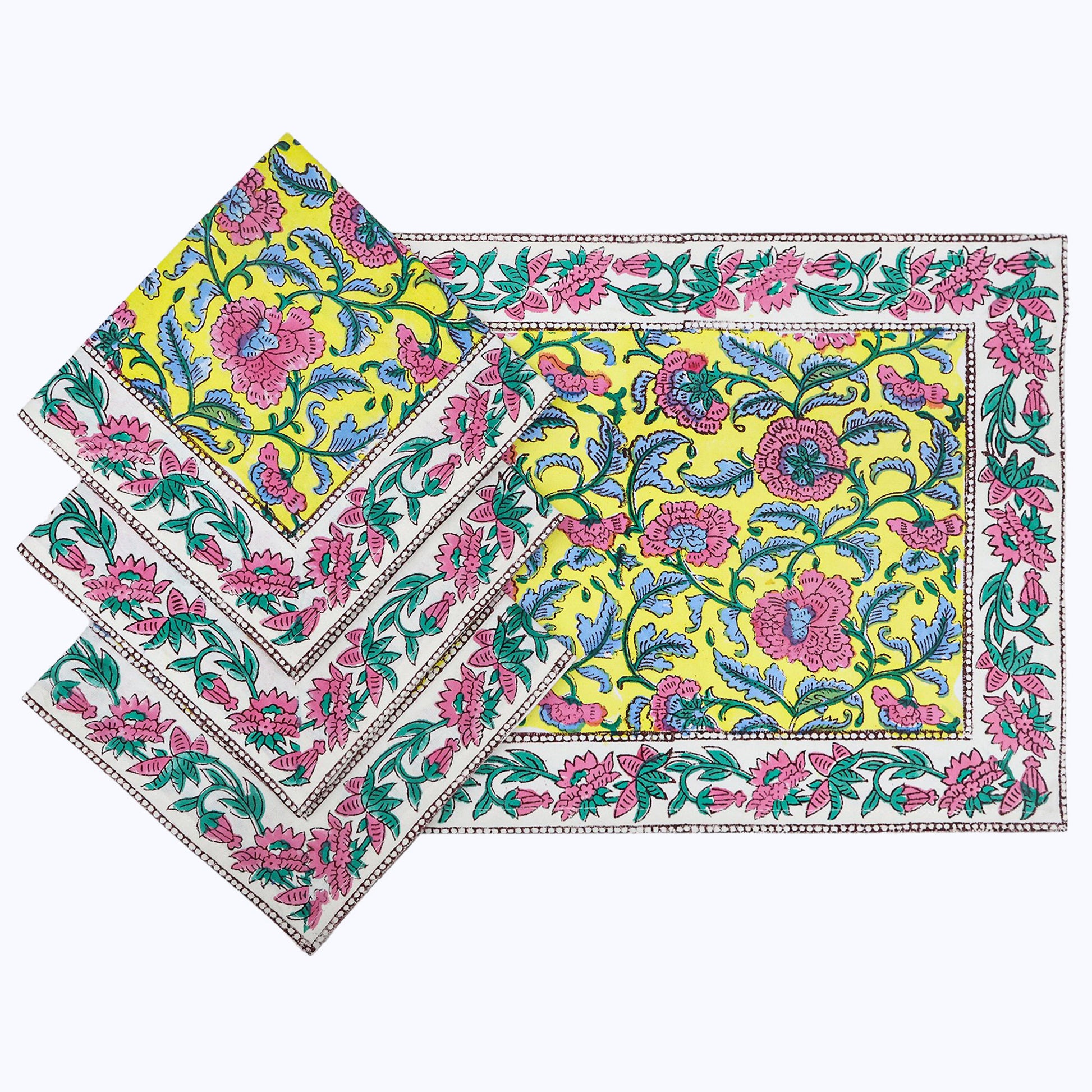 Yellow and Pink Hand Block Printed Cotton Napkins Set Of 4 - My Store