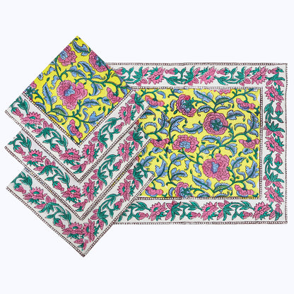 Yellow and Pink Hand Block Printed Cotton Napkins Set Of 4 - My Store