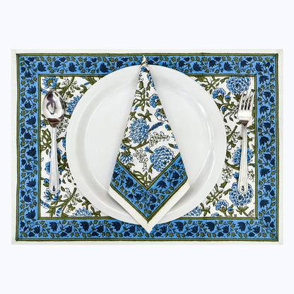 Blue and White Handmade Cotton Block Printed Napkins Set of 4 - My Store