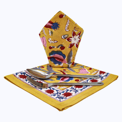 Yellow and Red Handmade Block Printed Napkins Set Of 4 - My Store
