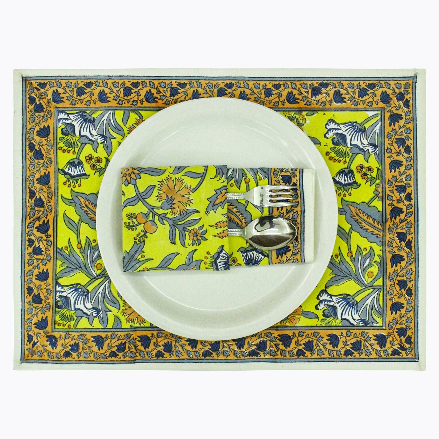 Indian Block Printed Yellow and Grey Cotton Set Of 4 Napkins - My Store