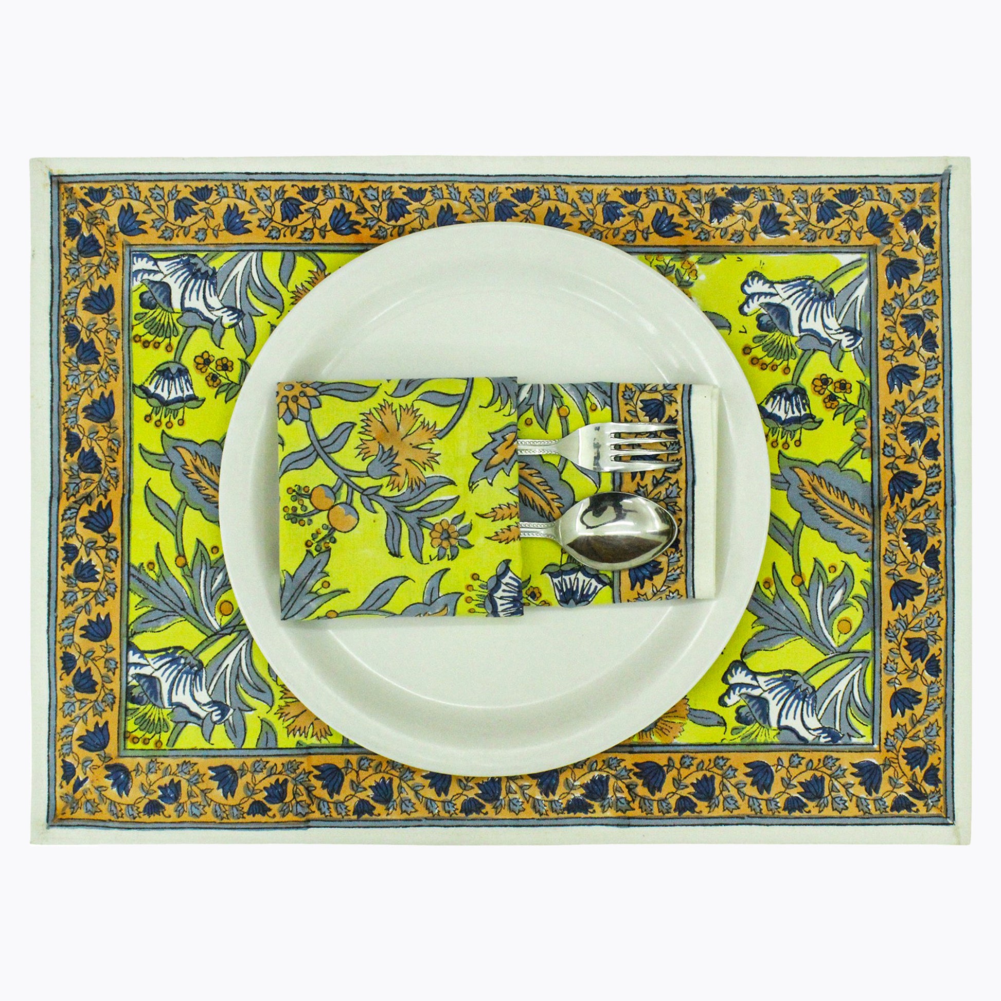 Indian Block Printed Yellow and Grey Cotton Set Of 4 Napkins - My Store