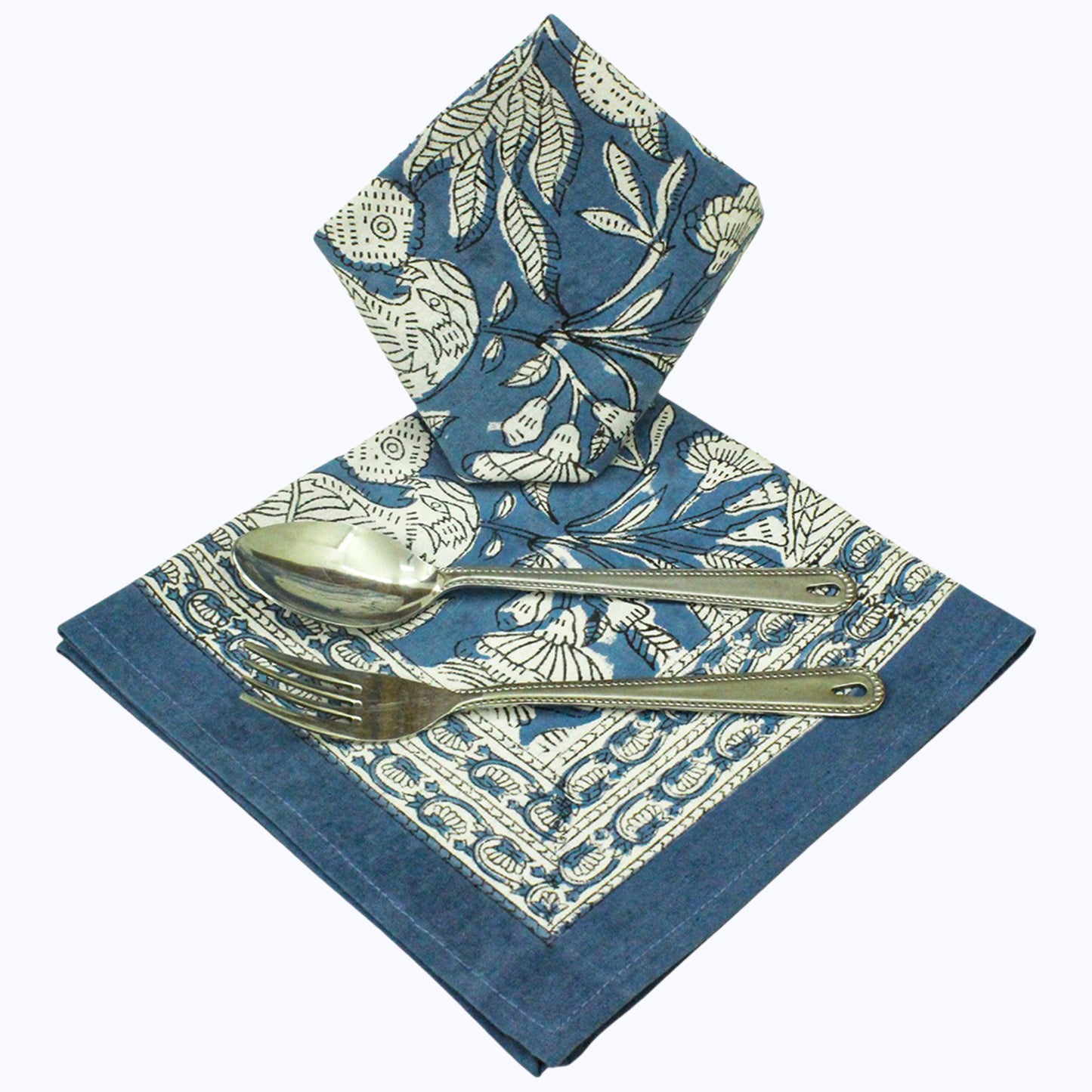 Floral Blue and White Block Printed Set Of 4 Napkins - My Store