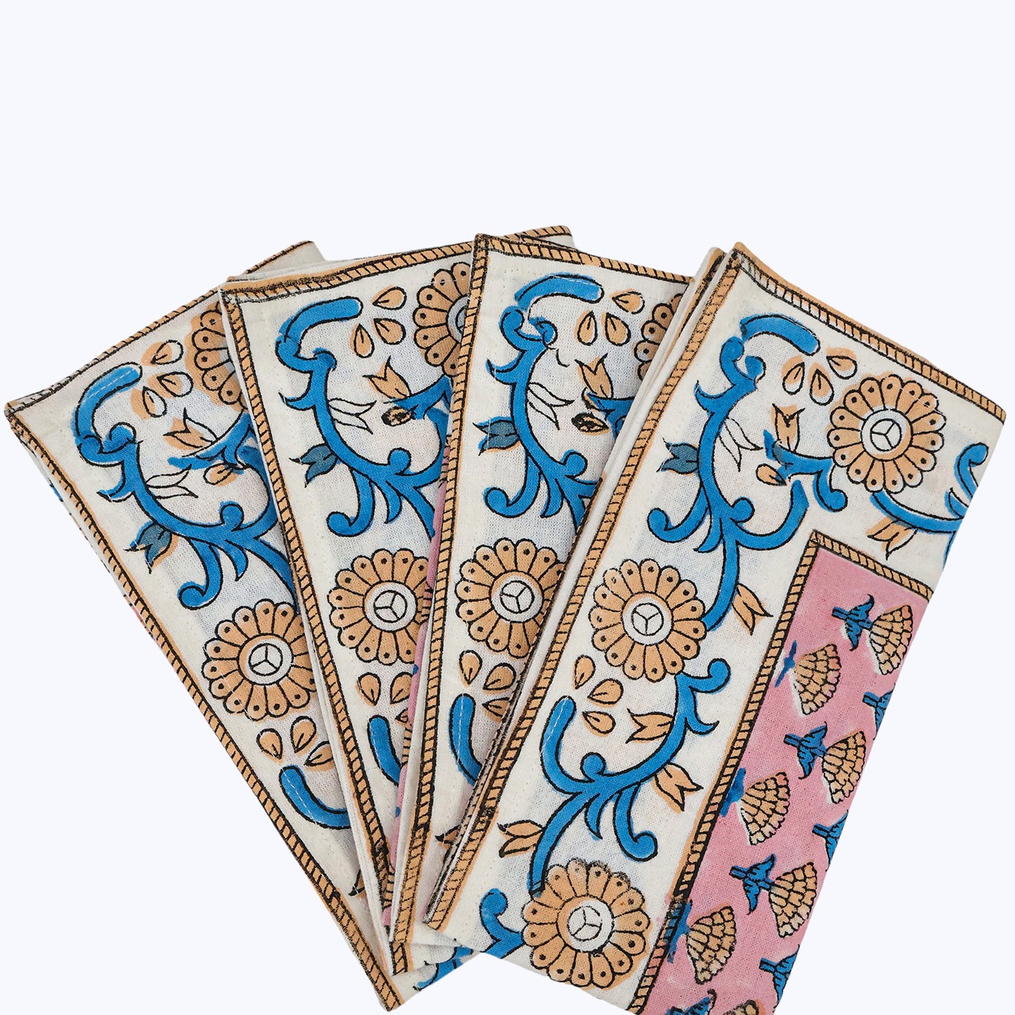 Pink and Blue Hand Block Printed Cotton Napkins Set Of 4 - My Store