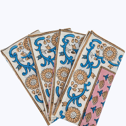 Pink and Blue Hand Block Printed Cotton Napkins Set Of 4 - My Store