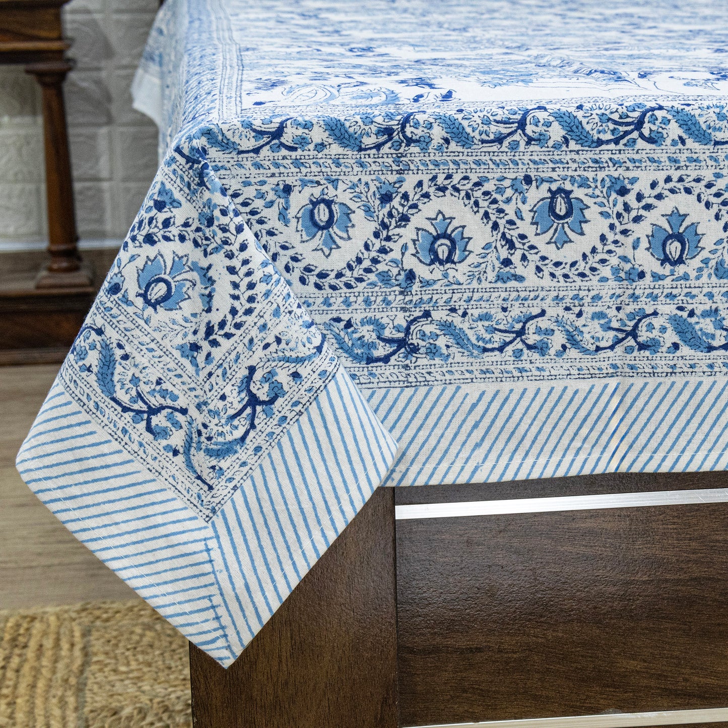 Indian Handmade Block Printed Blue and White Floral Pattern Cotton Bed sheet For living Room, Kids Room - My Store