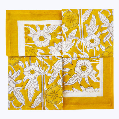 Yellow and White Hand Block Printed Napkins Set Of 4 - My Store
