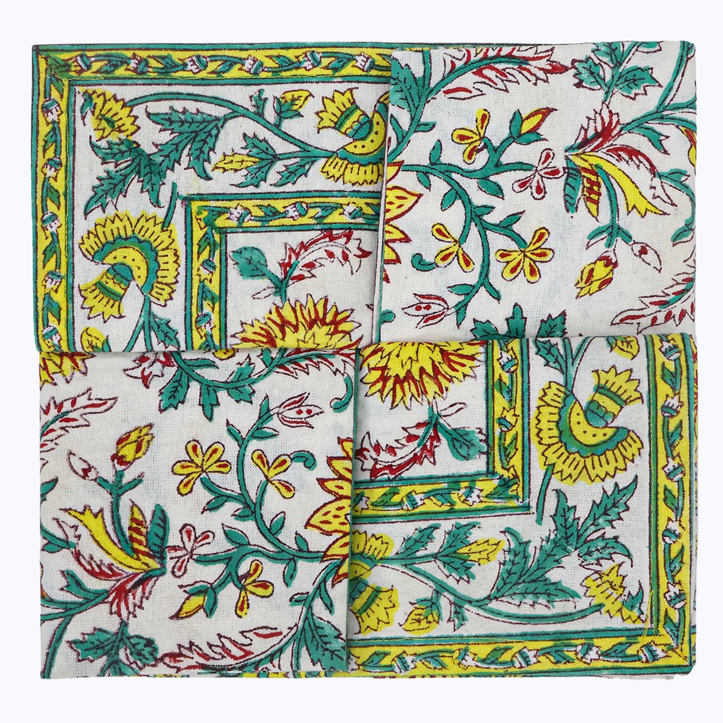 Green and Yellow Handmade Block Printed Cotton Napkins Set Of 4 - My Store