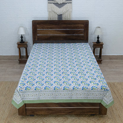 Cotton Bedsheet – Hand Block Floral Print – White & Green – King, Queen, Twin Sizes - My Store