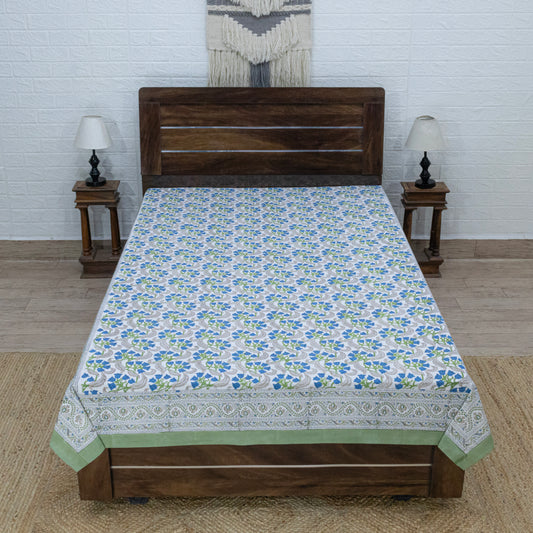 Cotton Bedsheet – Hand Block Floral Print – White & Green – King, Queen, Twin Sizes - My Store