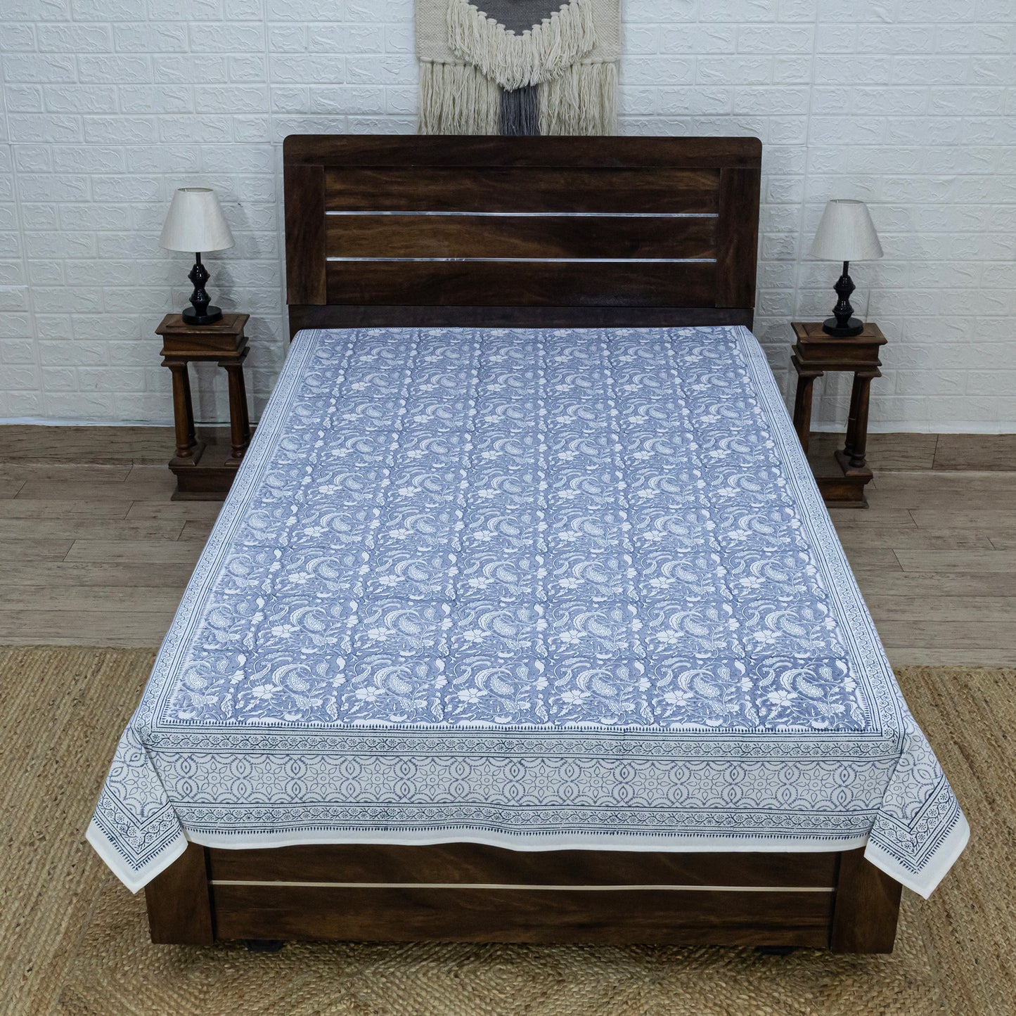 Cotton Bedsheet – Hand Block Floral Print – Blue and White – King, Queen, Twin Sizes - My Store