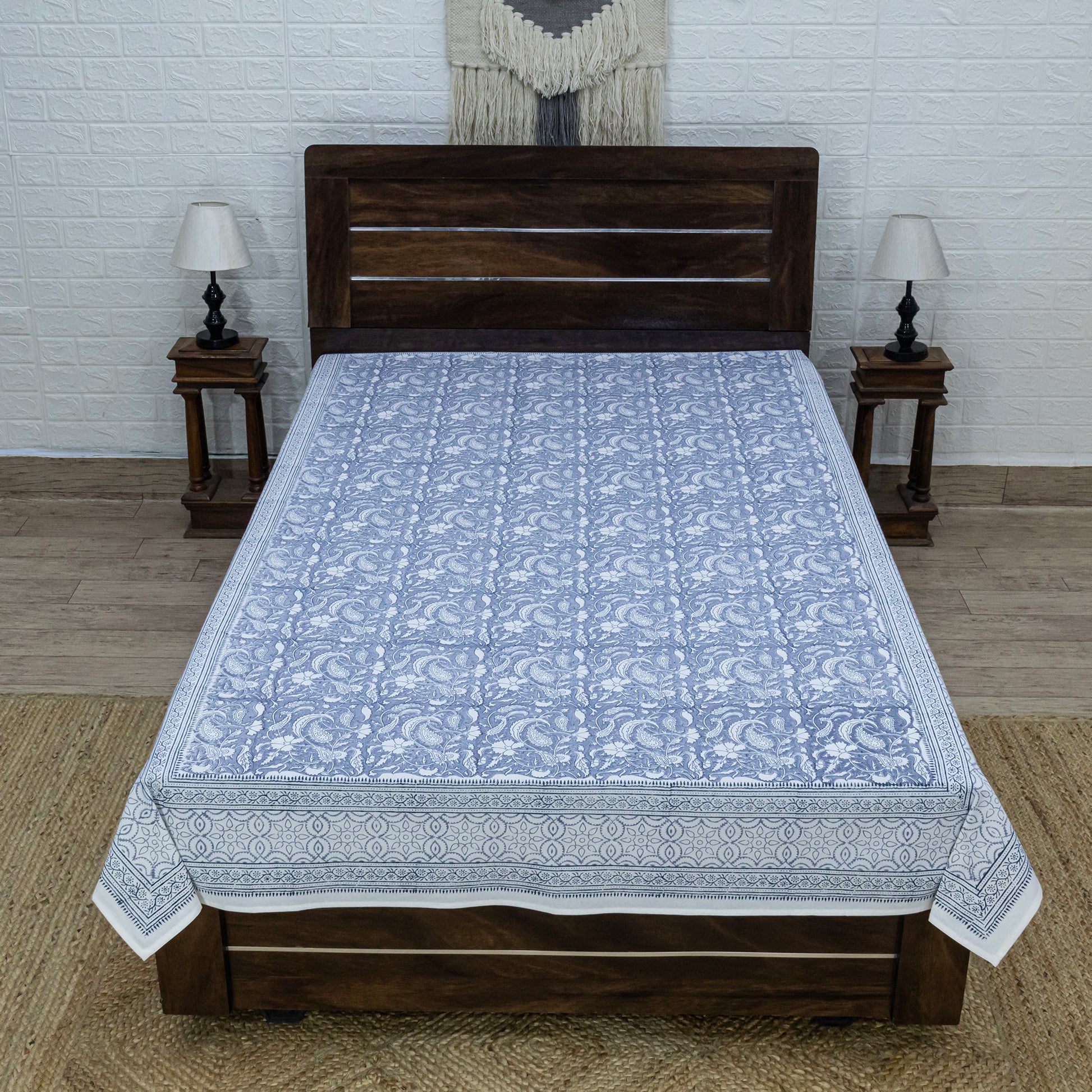 Cotton Bedsheet – Hand Block Floral Print – Blue and White – King, Queen, Twin Sizes - My Store